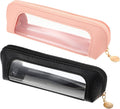 Pink and black clear makeup brush bags with rounded shape, transparent windows, and zipper
