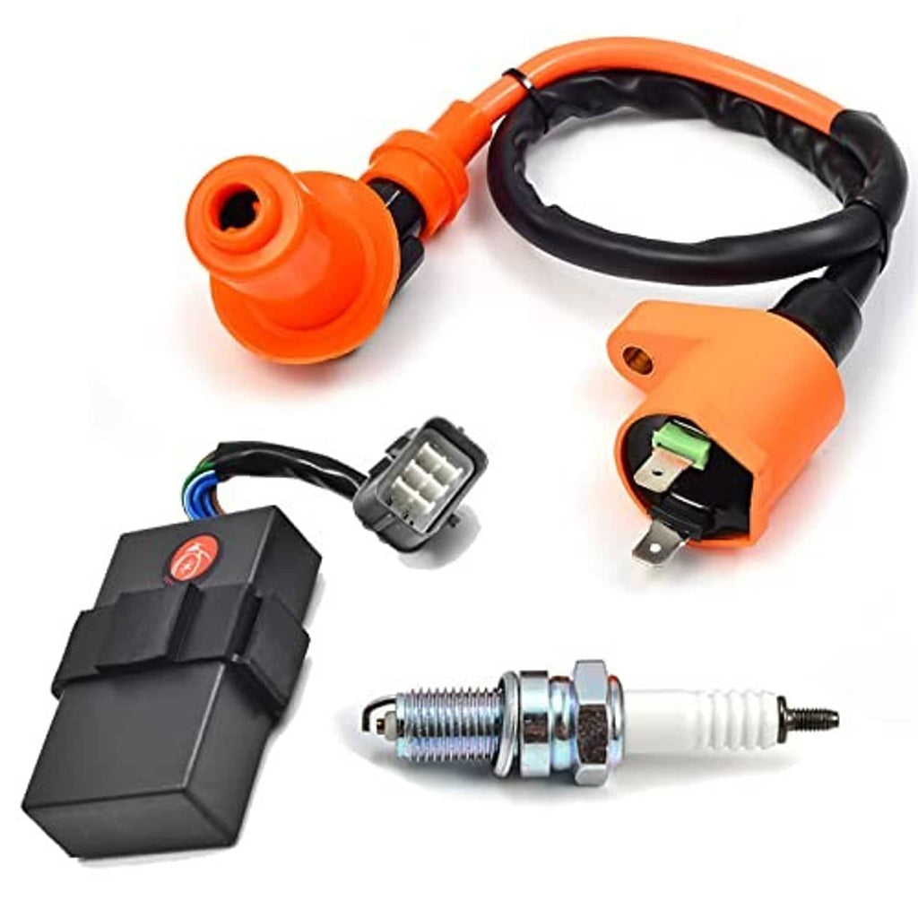 Orange ignition coil leads, black CDI box, and spark plug with connectors
