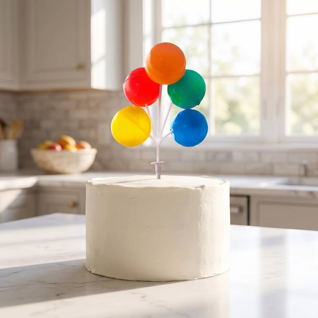 Balloon cake topper on a cake with orange, red, green, yellow, and blue balloons