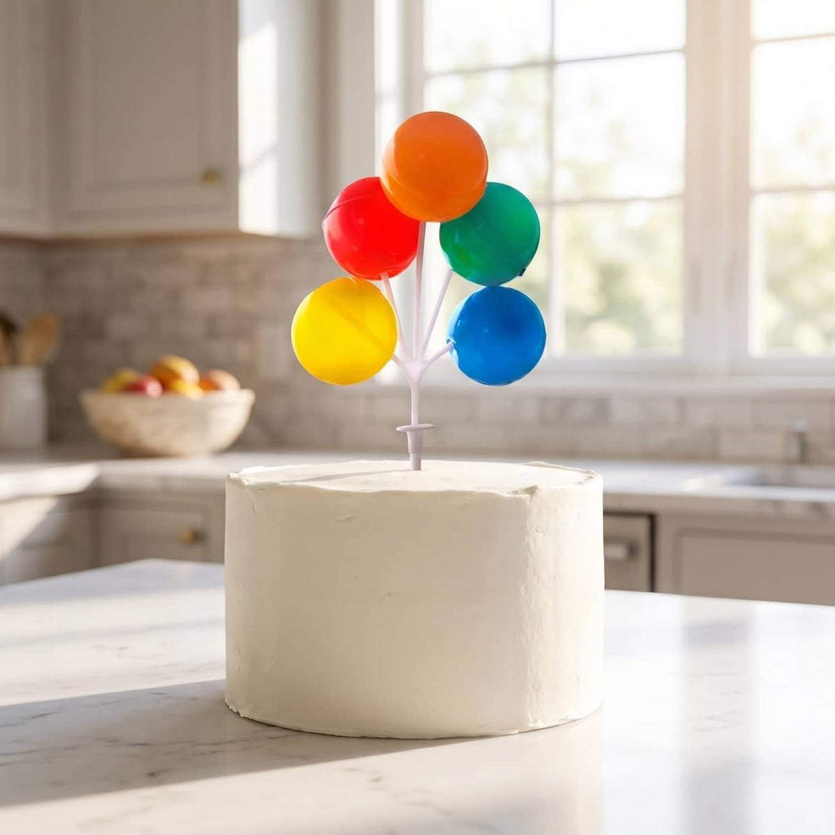Balloon cake topper on a cake with orange, red, green, yellow, and blue balloons