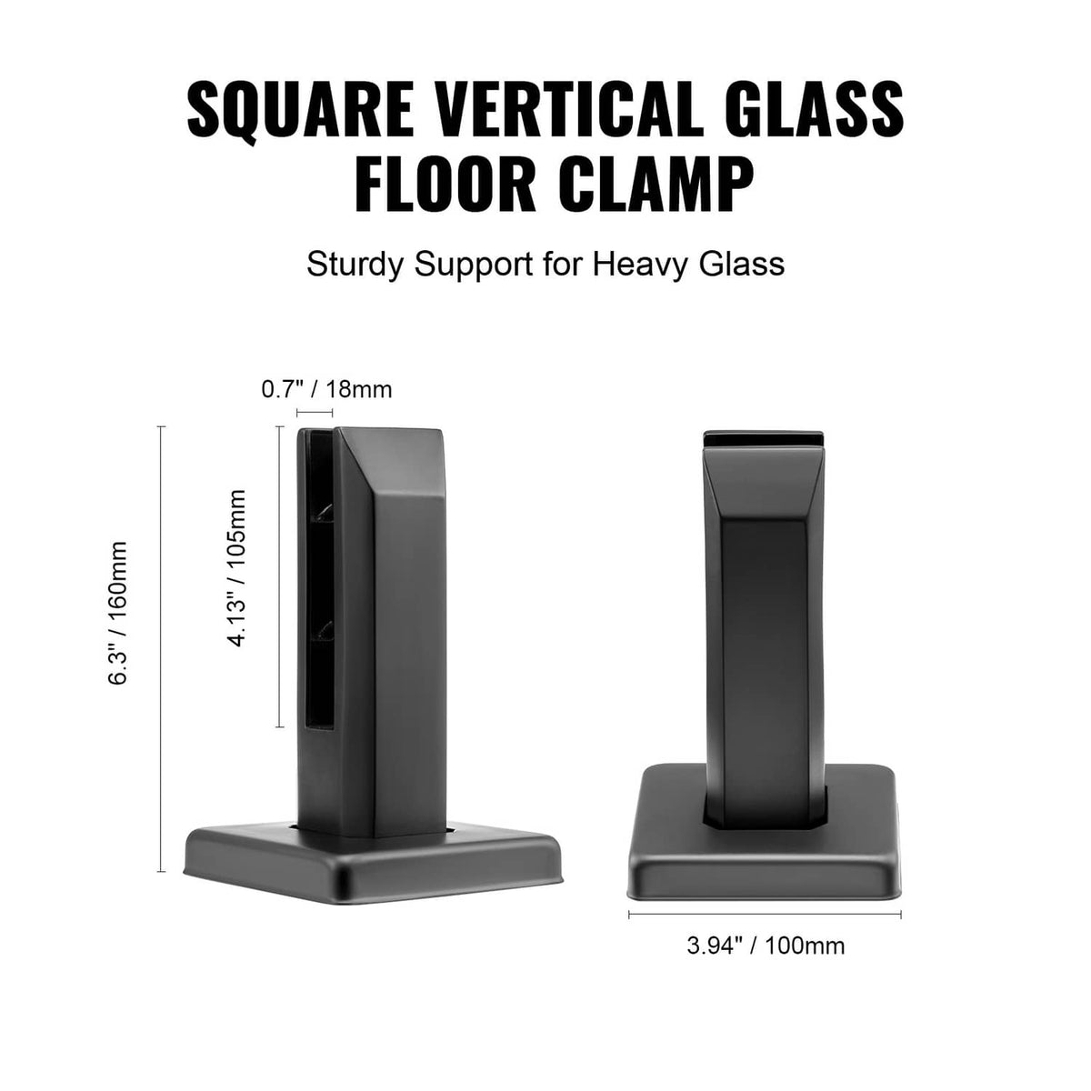 Black square vertical glass floor clamp with flat base, front and side views