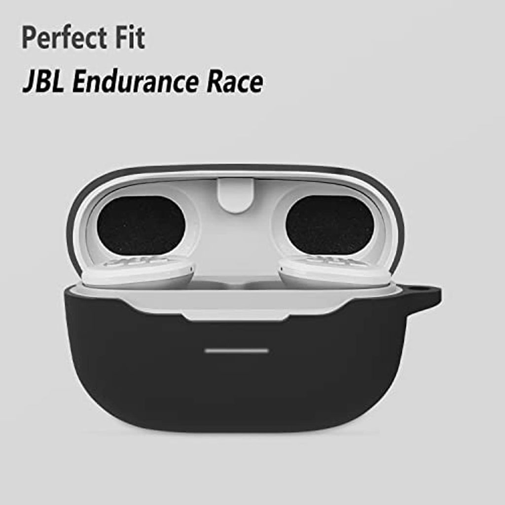 Black silicone earbud case open, holding two earbuds with visible charging port