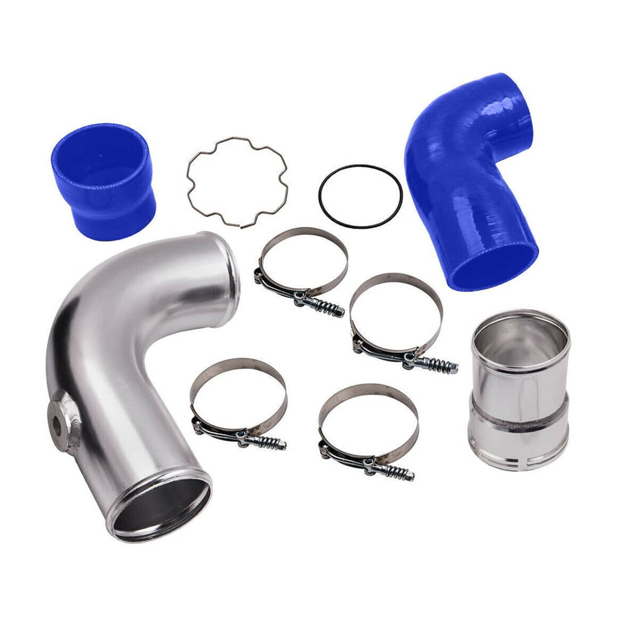 Intercooler pipe boot set with stainless elbows, blue boots, and metal spring clamps