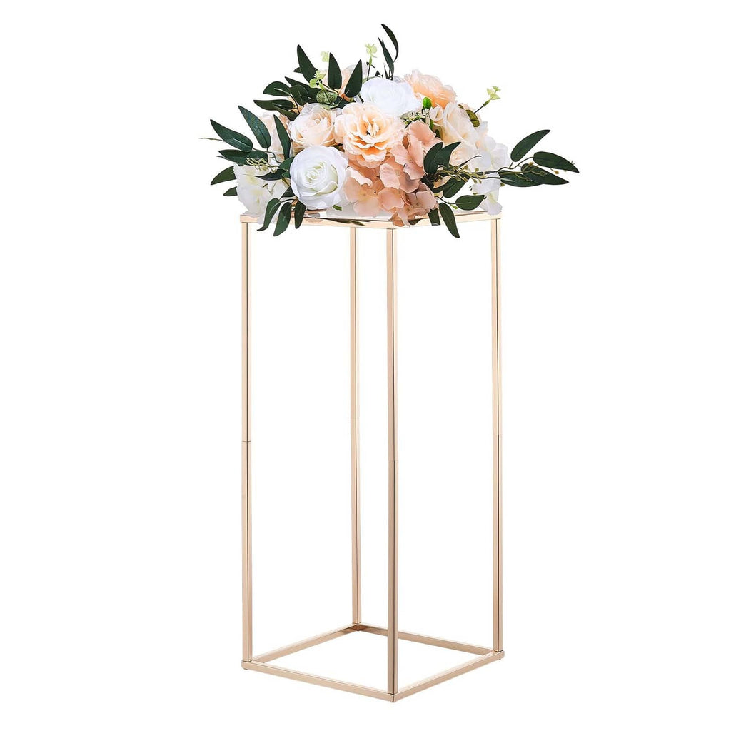 Gold-tone tall flower stand with peach and white faux floral bouquet