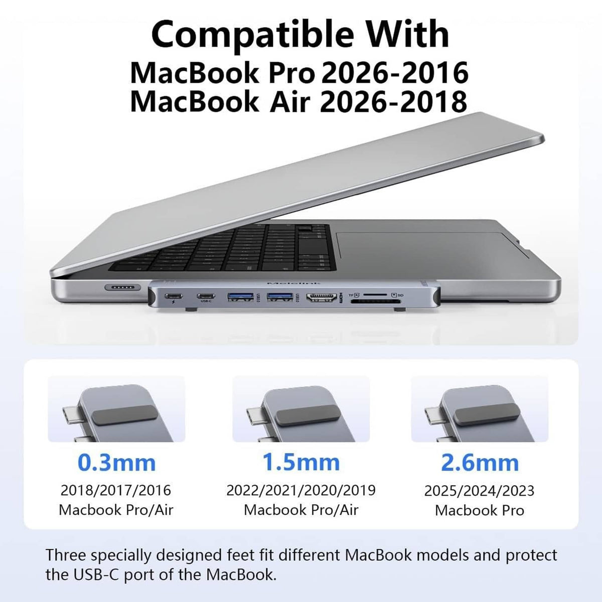 Gray USB-C hub adapter in slim side view with a row of ports