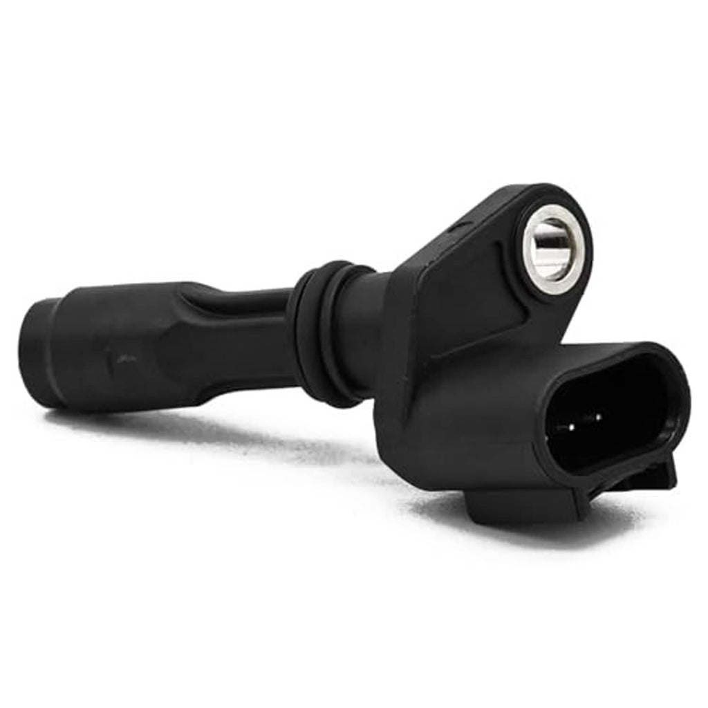 Black camshaft position sensor, side view showing connector and metal contact ring