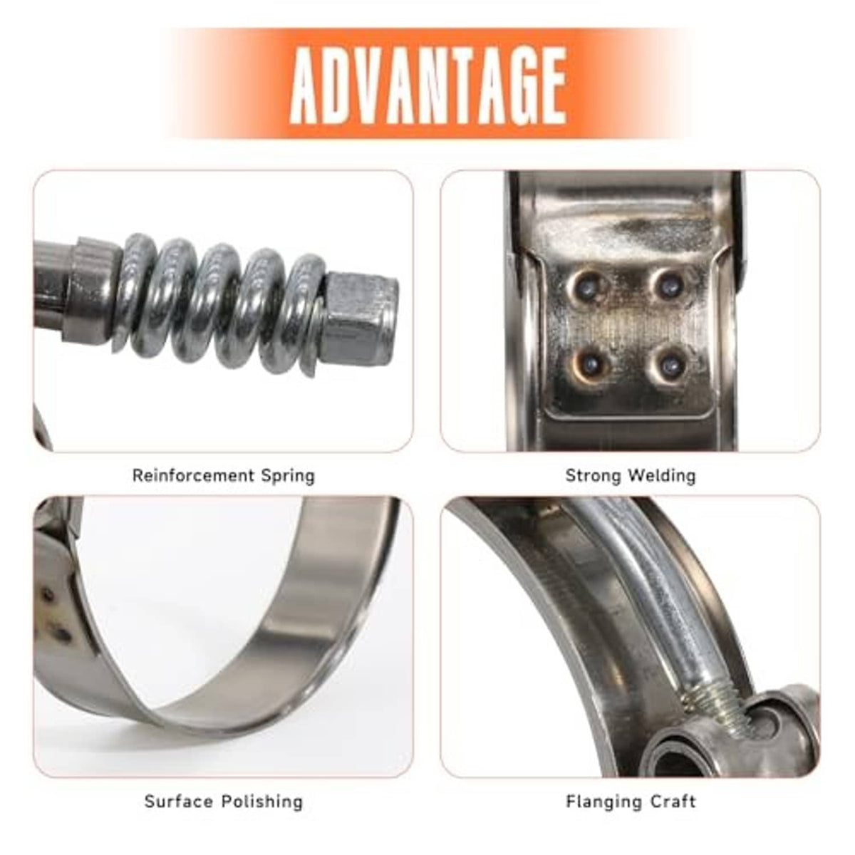 Stainless T-bolt hose clamp close-up showing reinforcement spring and weld points