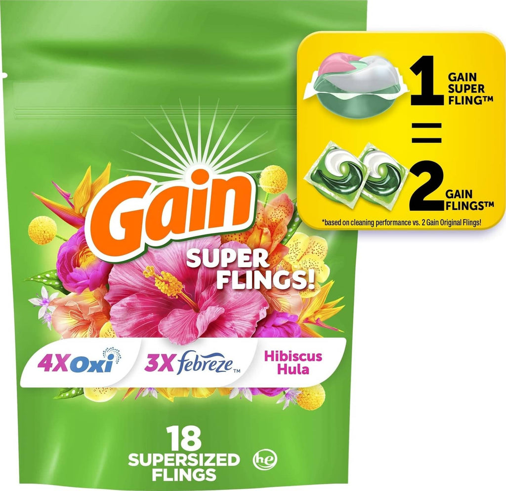 Gain Super Fling laundry detergent pacs, 18-count box with hibiscus hula scent