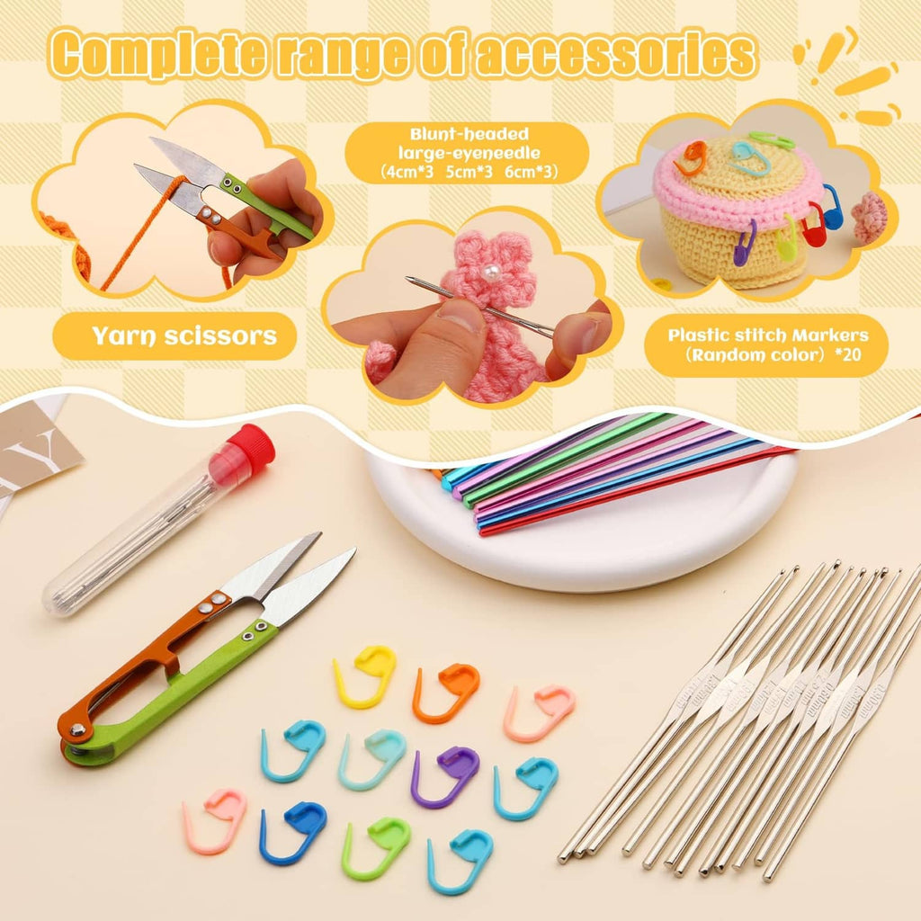 Crochet accessories set with multiple metal hooks, stitch markers, and small tools.
