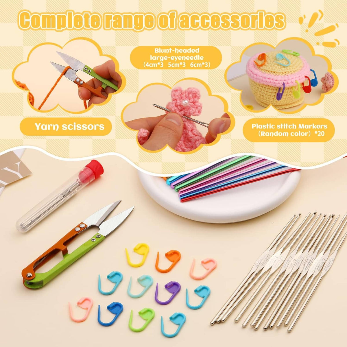 Crochet accessories set with multiple metal hooks, stitch markers, and small tools.