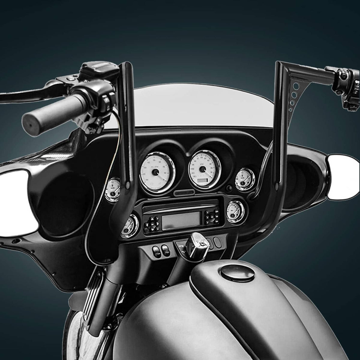 Motorcycle meathook style handlebar, black metal with long pullback bends