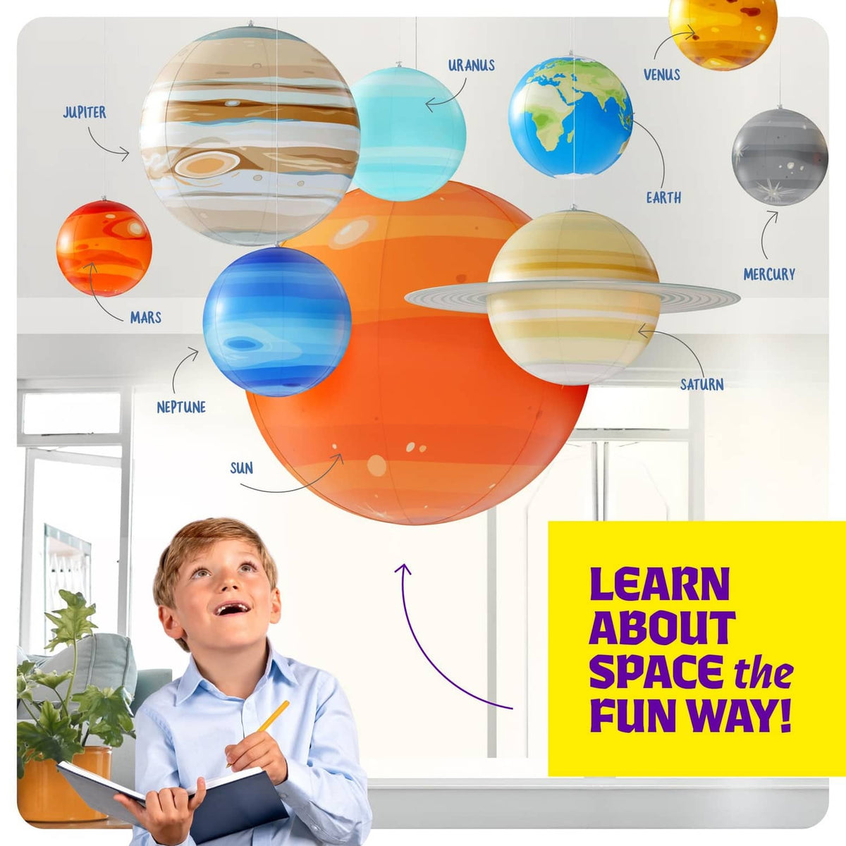 Inflatable solar system planet set with hanging orange planet, blue moon, and Saturn