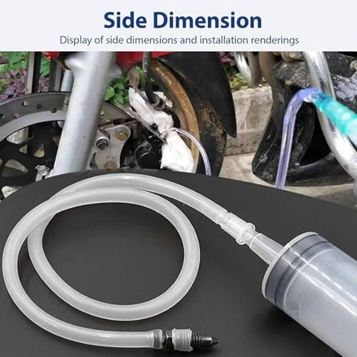 Brake bleeder kit syringe with clear hose and threaded connector tip