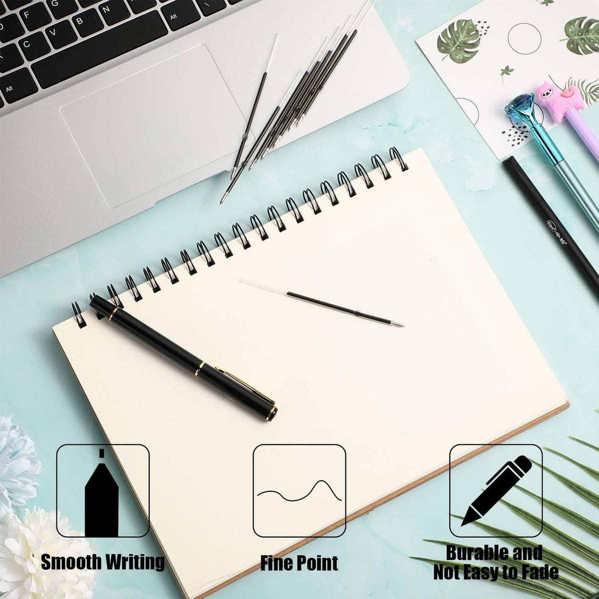 Retractable pen refills with slim black barrels and clear tips for fine writing