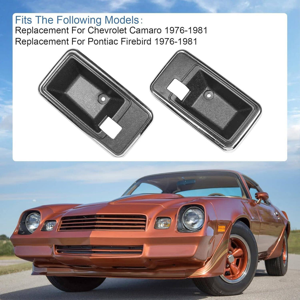 Interior door handle bezel cup set, pair of black cups with chrome trim and rectangular opening