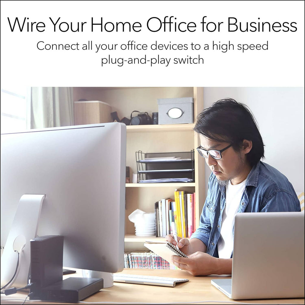 Home office workstation for wired networking; network switch not clearly visible