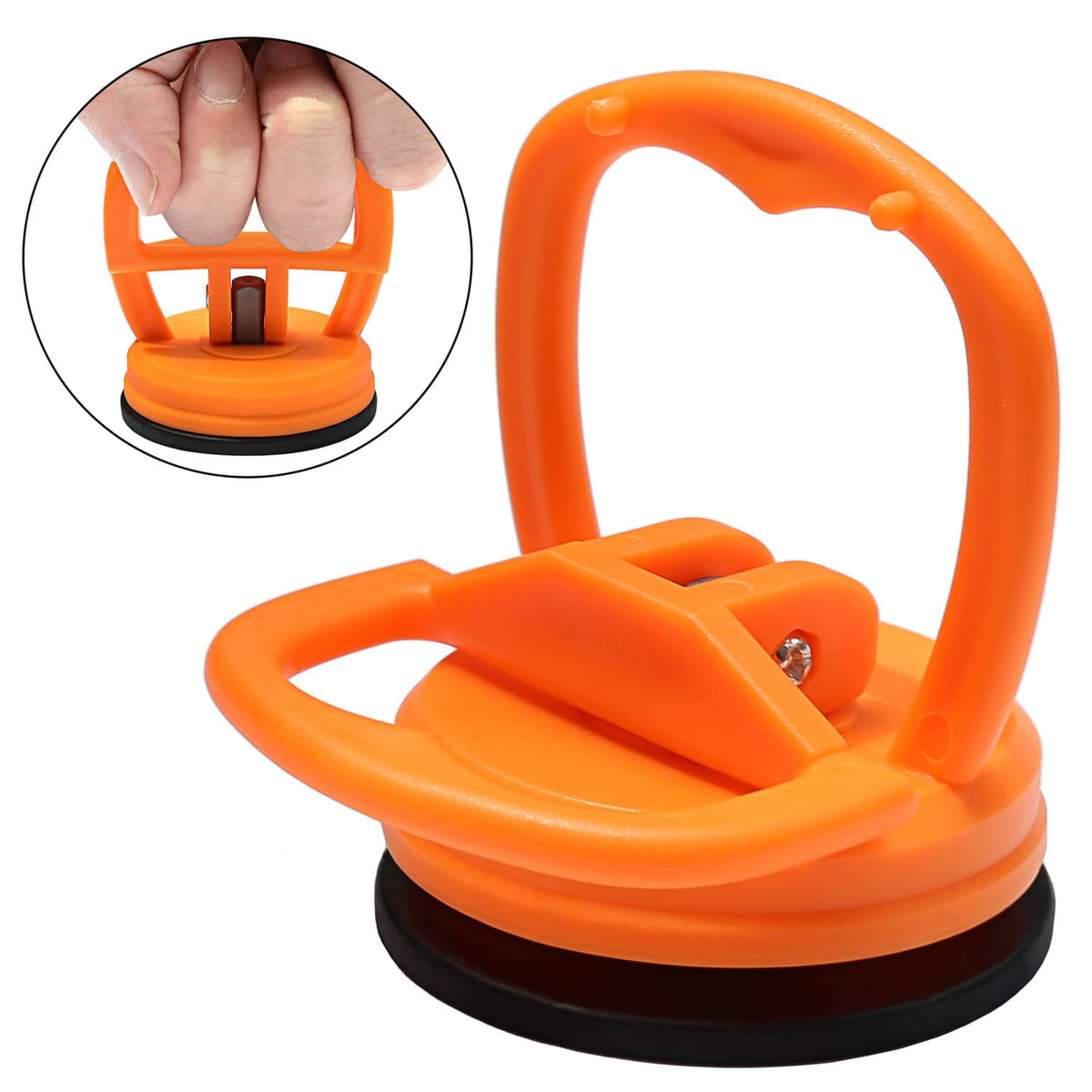 Orange suction cup dent puller tool with lever handle and black suction base