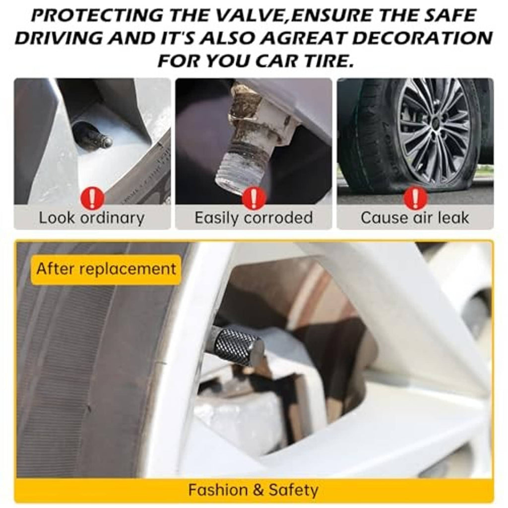 Black tire valve stem caps, 4-pack, textured aluminum with protective rubber seal