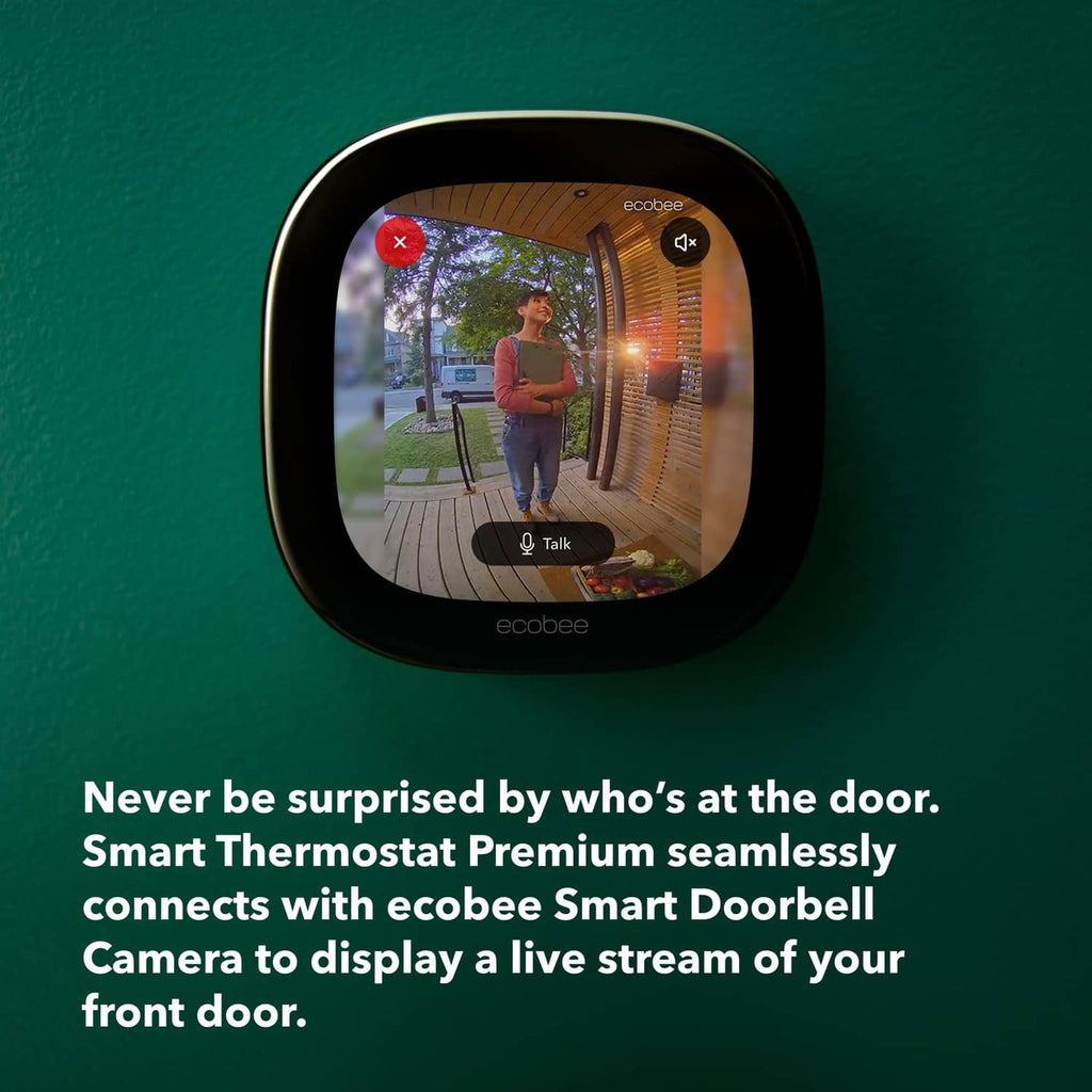 Black smart thermostat with touchscreen showing a door live view, ecobee