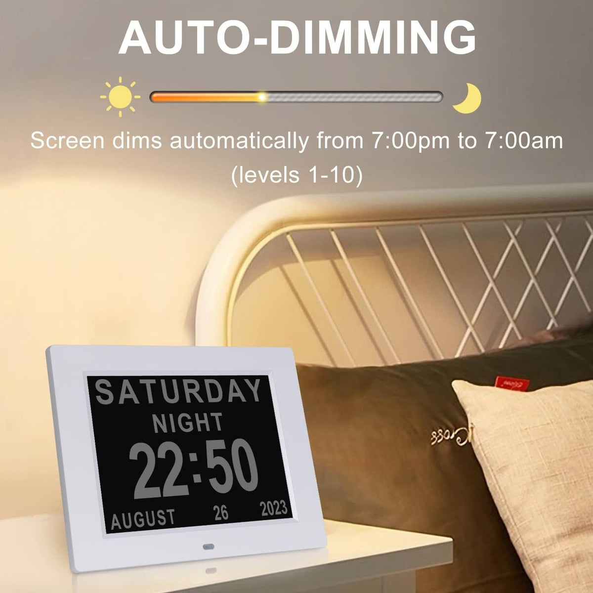 Digital dementia clock showing SATURDAY NIGHT 22:50 with auto-dimming feature