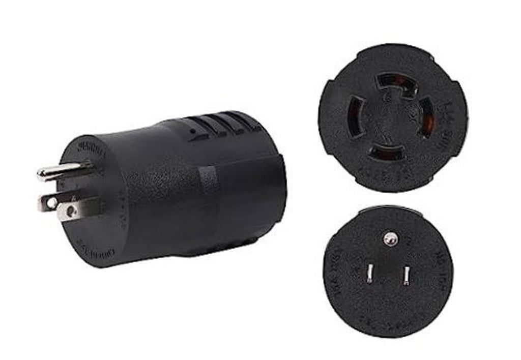 Black two-prong male power plug adapter with round socket faces (two views)