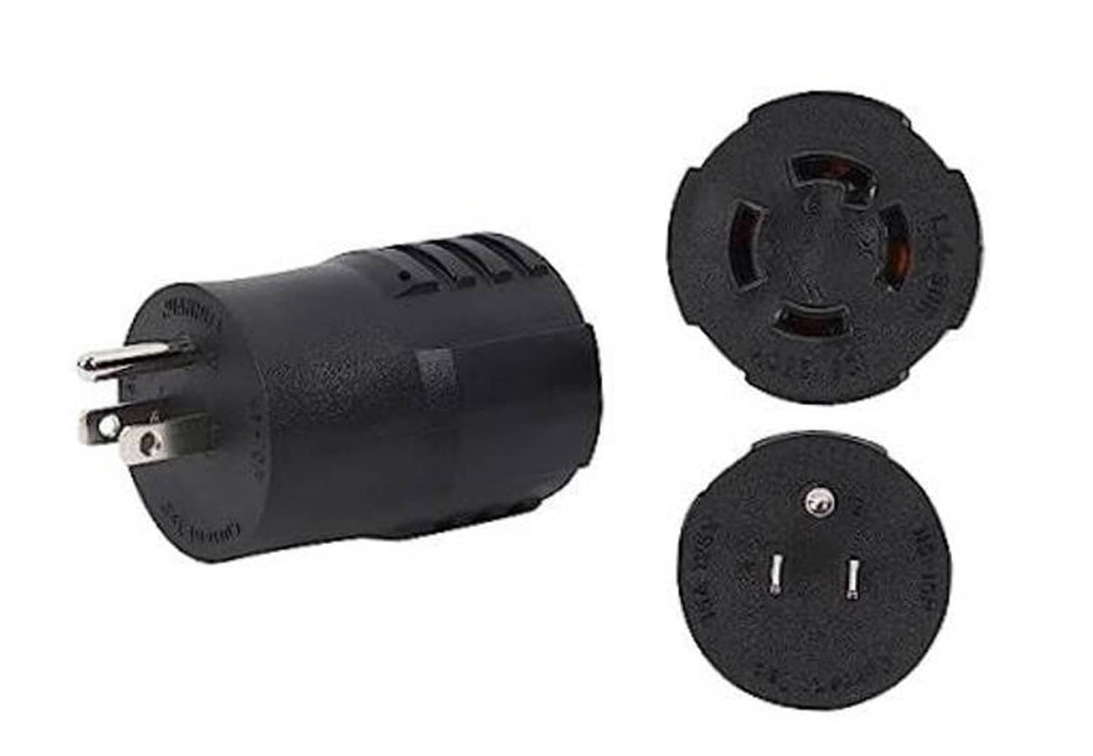Black two-prong male power plug adapter with round socket faces (two views)