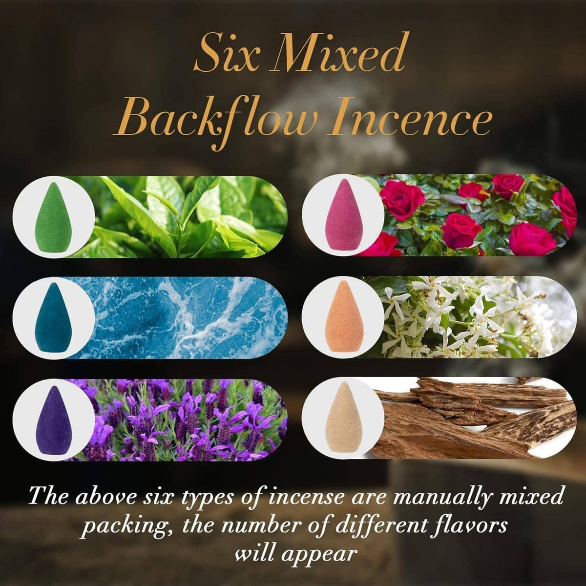 Six mixed backflow incense cones in different colors on a card with cone icons