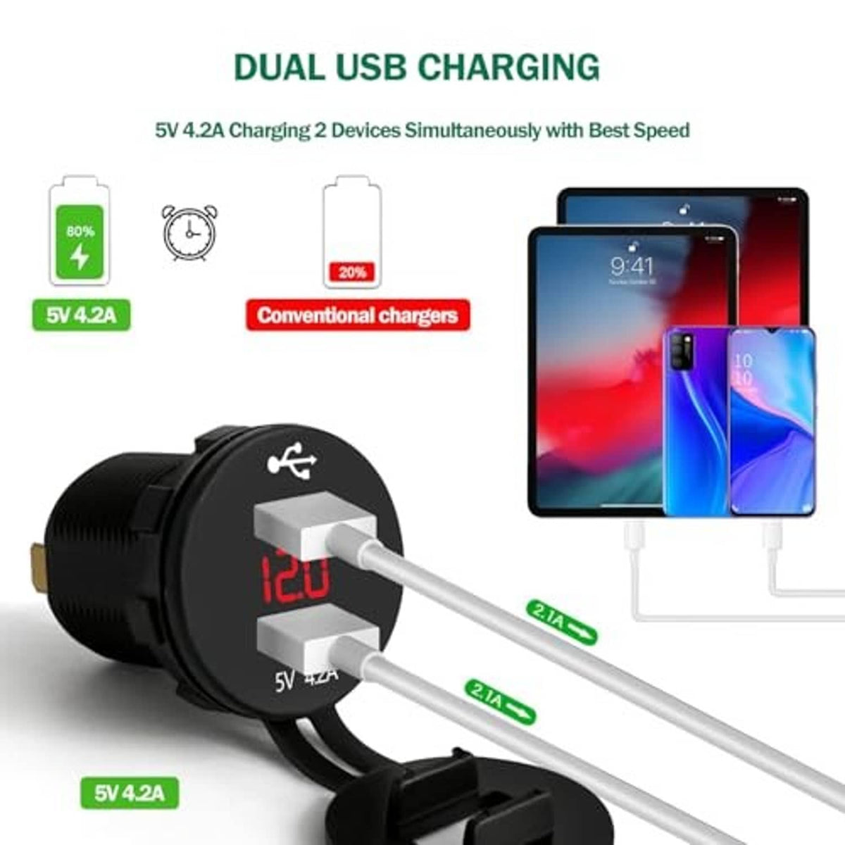 Black dual USB charging volt meter with red LED display and two charging cables
