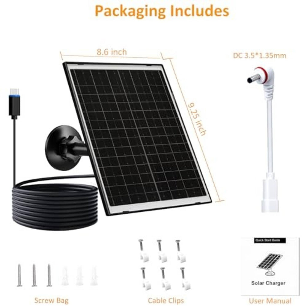 Solar panel charger kit with mount, cable, screw bag, and cable clips