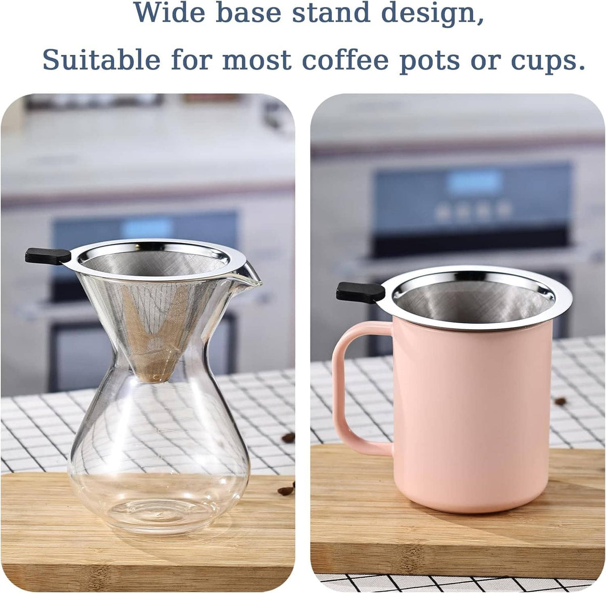 Stainless steel pour-over coffee cone dripper with black handle on glass carafe
