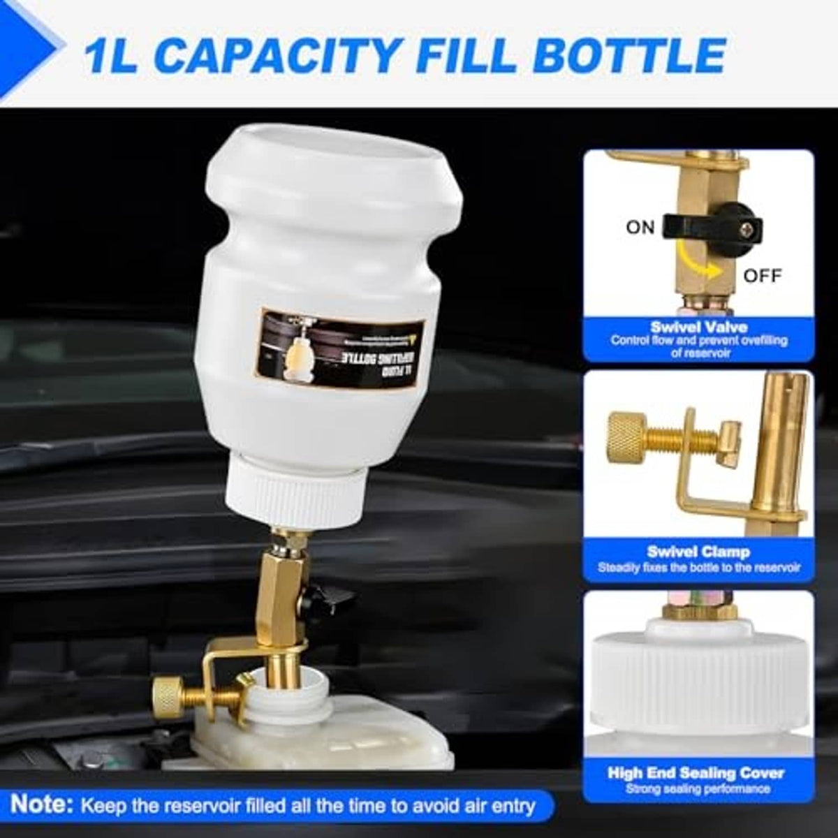 Vacuum brake bleeder bottle with swivel clamp valve and sealing cover for reservoir