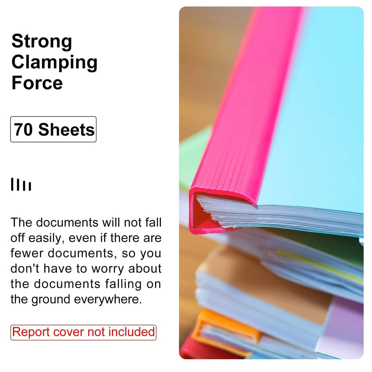 Slide-grip binding bar holding stacked sheets, showing secure clamping edge