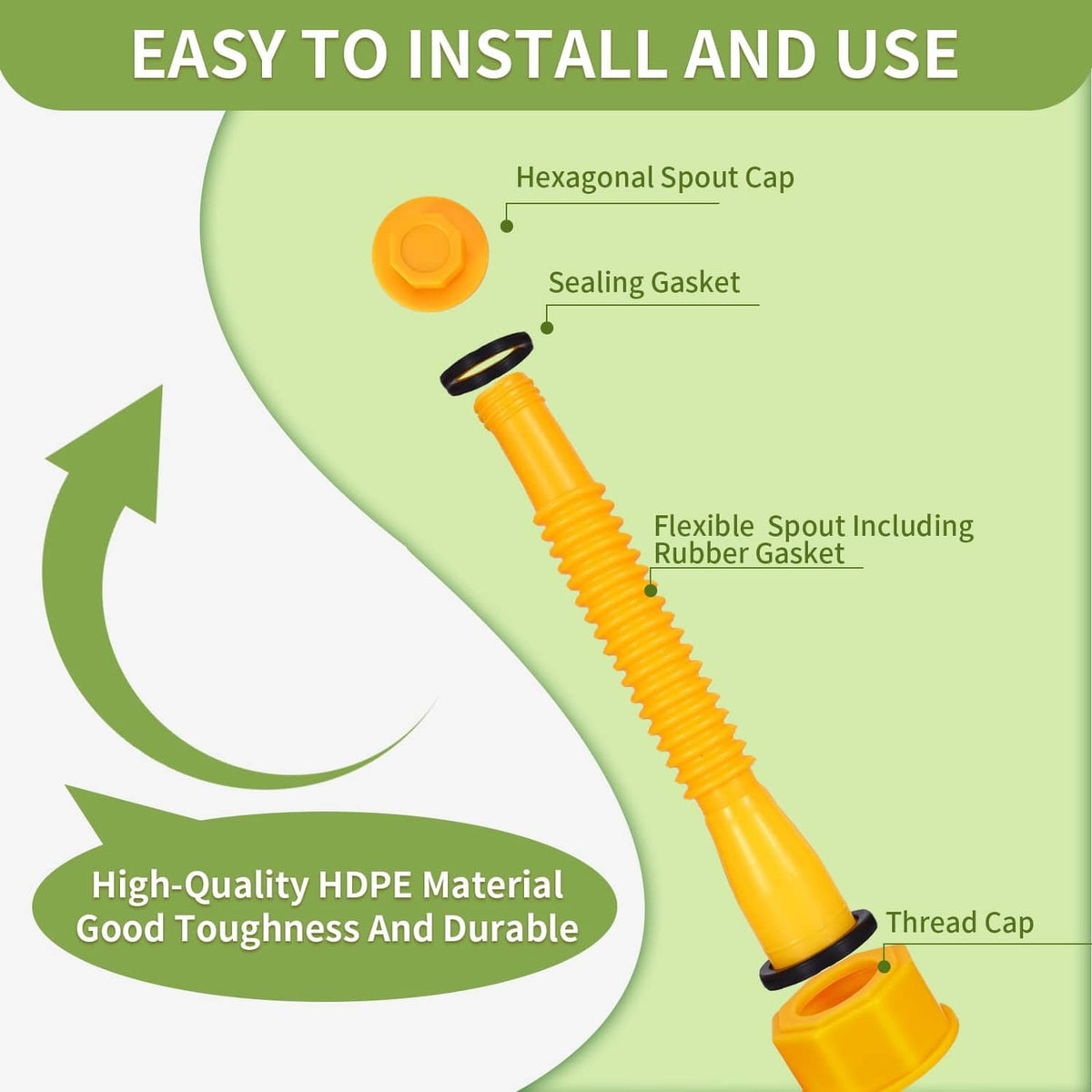 Yellow flexible gas can spout with hex cap and rubber sealing gasket