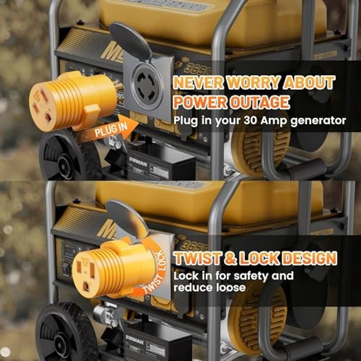 Twist-lock yellow adapter plug with blade pins and grounded outlet connection