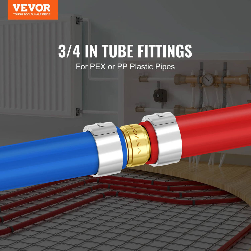 Brass clamp-style straight-through pipe fitting for 3/4 in tube with matching clamp
