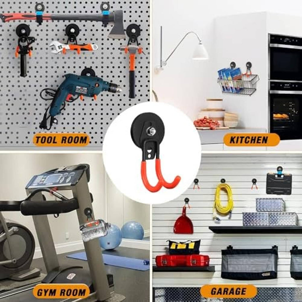 Single magnetic hook with black round magnet and red-orange rubber double prongs