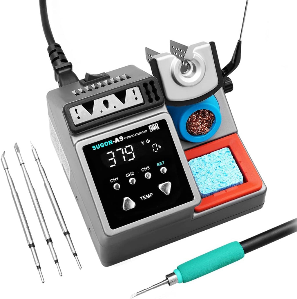 Digital soldering station base with LCD display, soldering iron, stand and tips