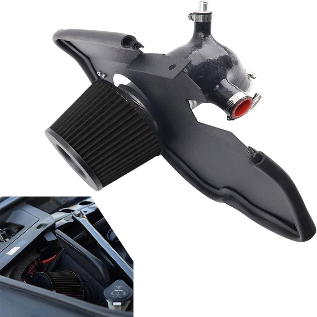 Black cold air intake kit with cone filter and intake tube, red outlet in engine bay