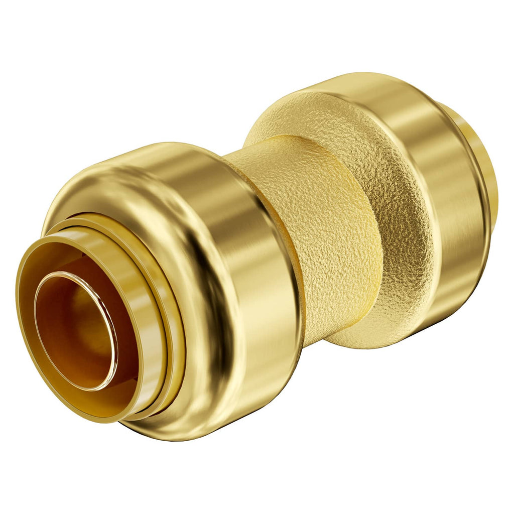 Brass straight-through push-fit pipe fitting with two ends, 3/4 in, angled view