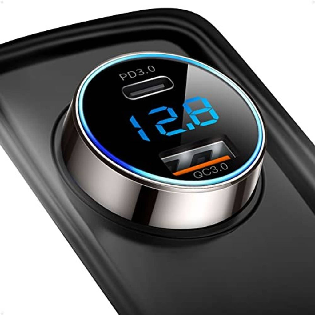 Black car USB-C charger with circular LED screen displaying PD3.0 12.8W and QC3.0