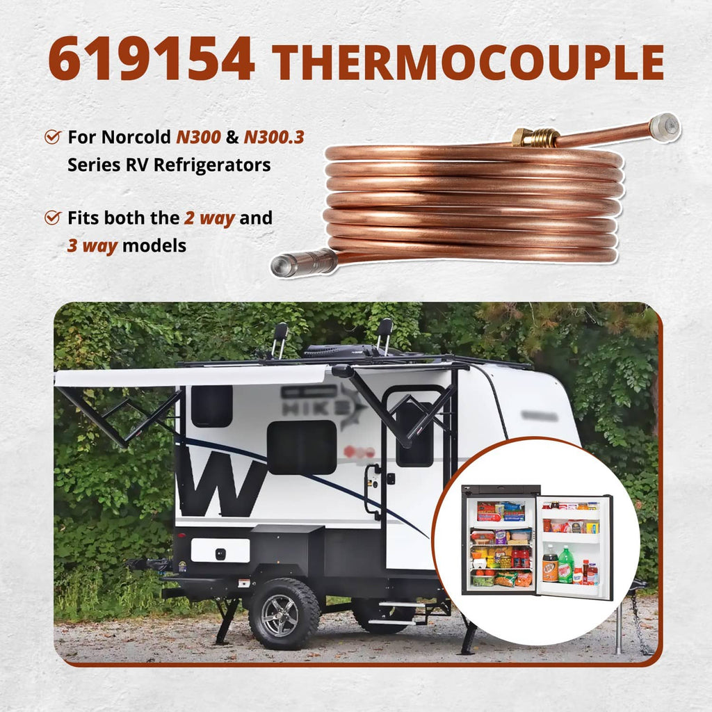Thermocouple with copper coil, brass fittings, and gray lead with two terminals