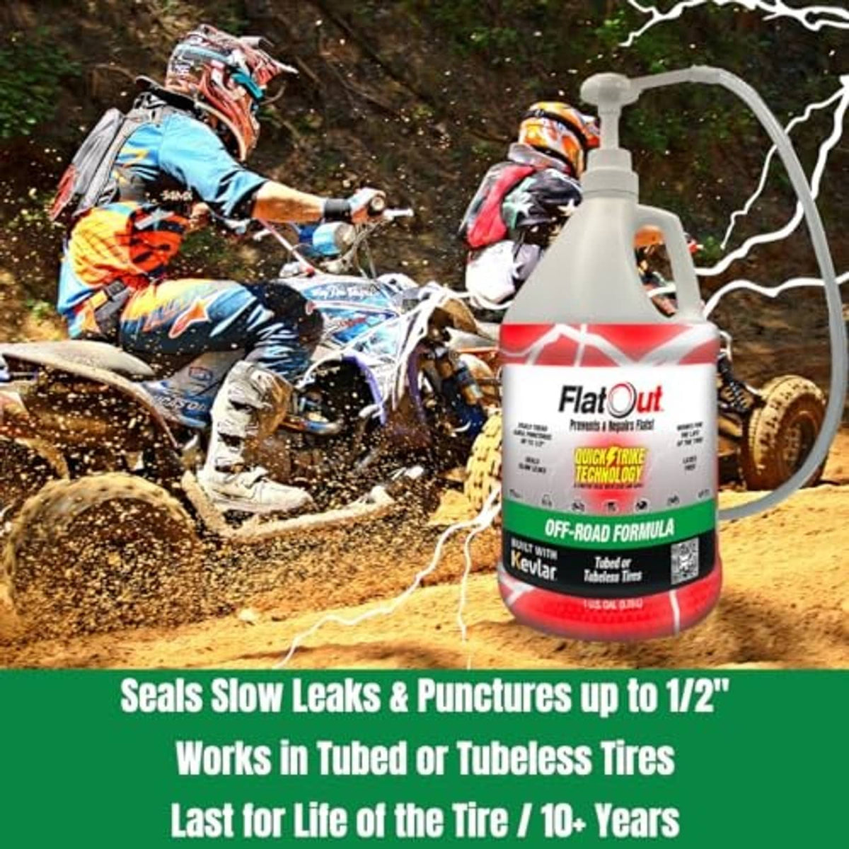 QuickStrike tire sealant bottle with red/white label and clear hose near off-road bikes