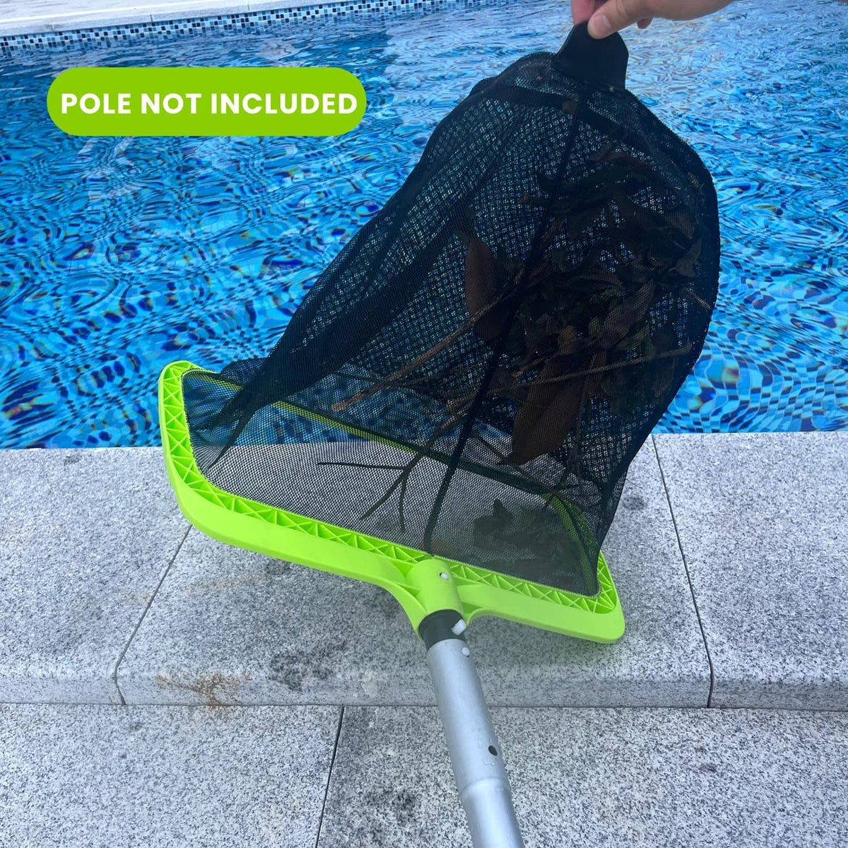 Pool leaf skimmer net with green frame and black mesh bag, held above the pool.