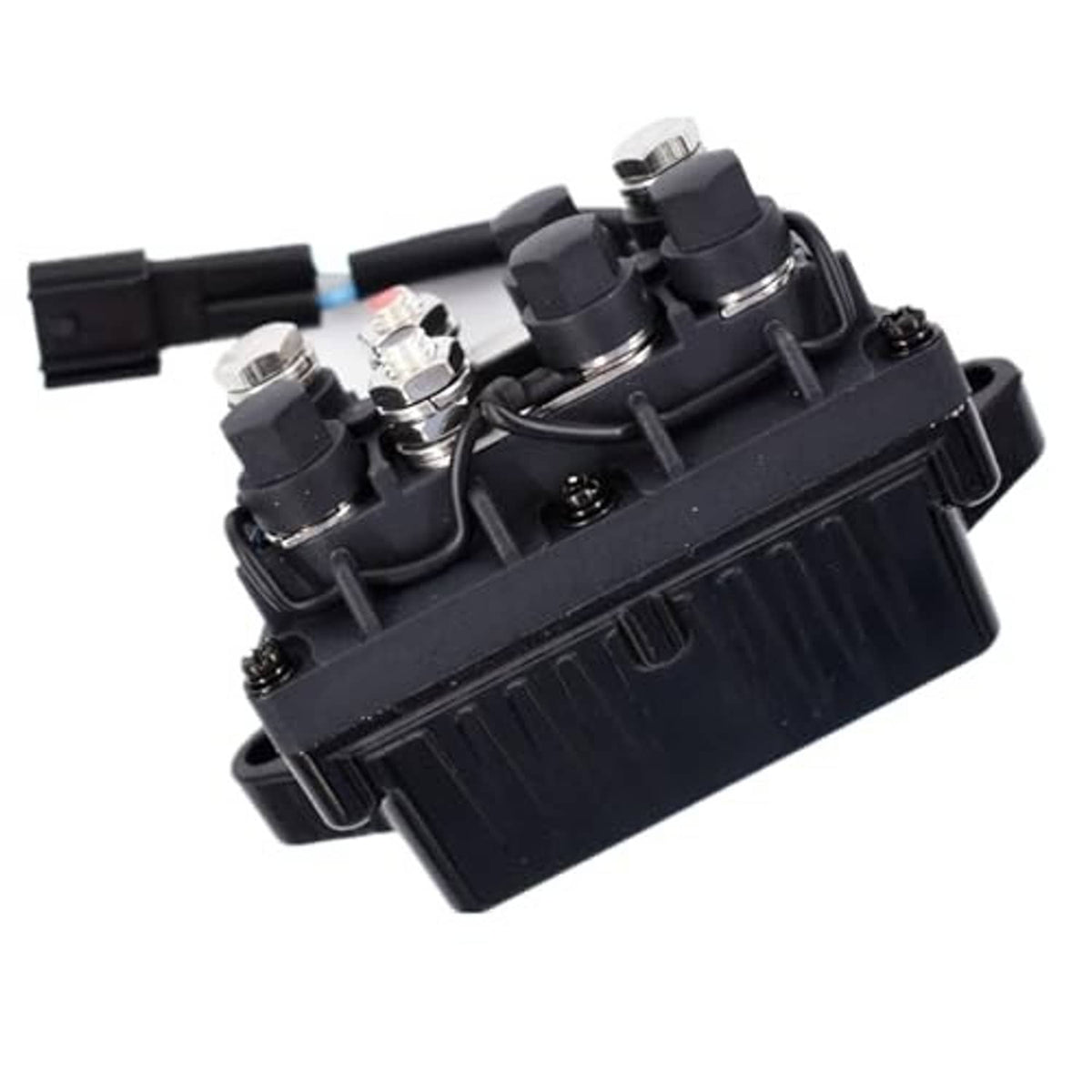 Compact black relay switch assembly with screw terminals and connected cable