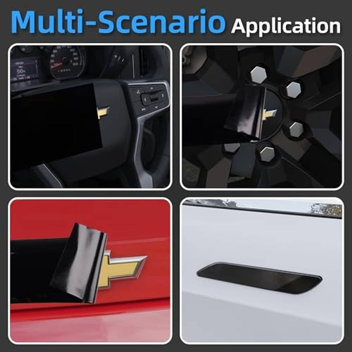 Multi-panel glossy black emblem vinyl wrap kit for vehicle logo and trim surfaces.