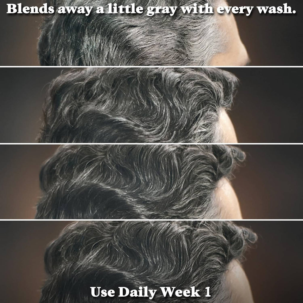 Gray-reducing hair after-use styling showing darker, blended hair texture
