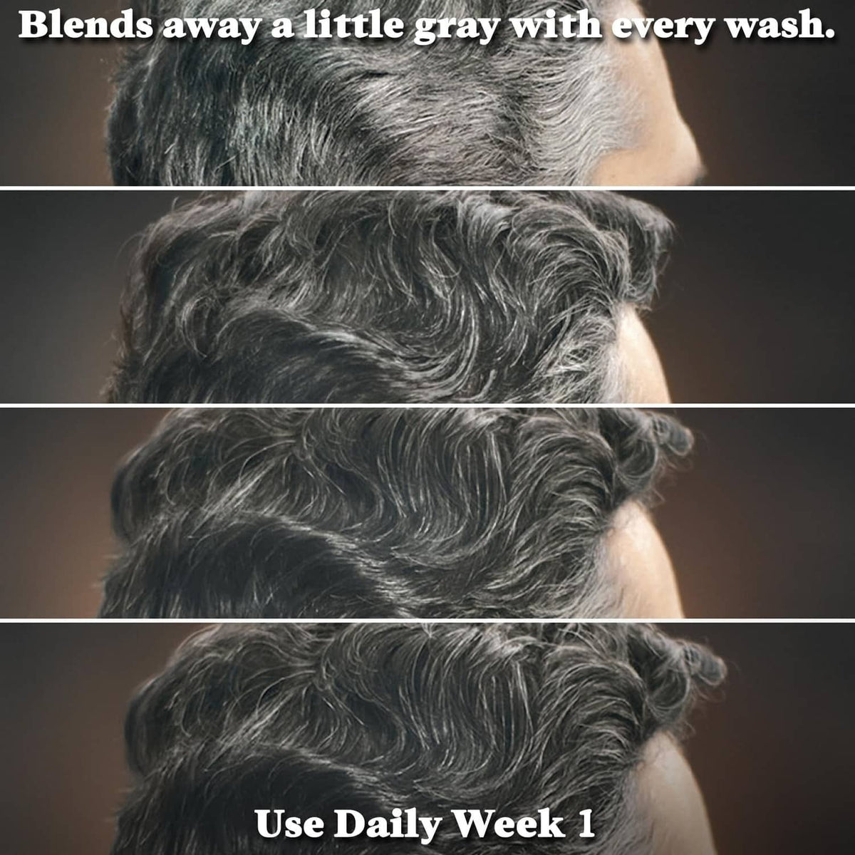 Gray-reducing hair after-use styling showing darker, blended hair texture