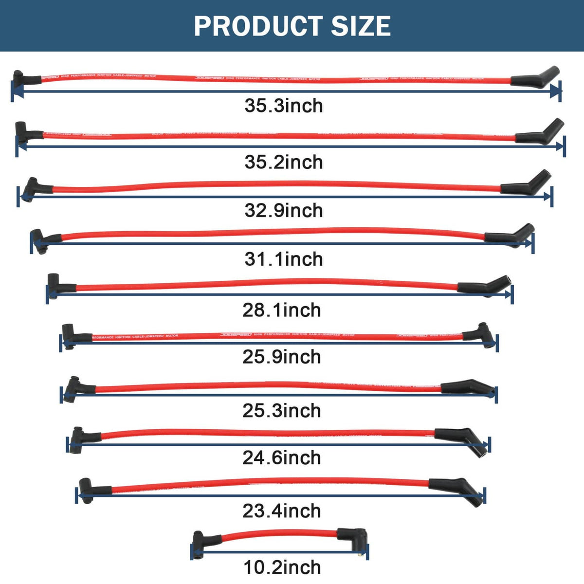 Spark plug wire set size chart showing multiple red wire lengths