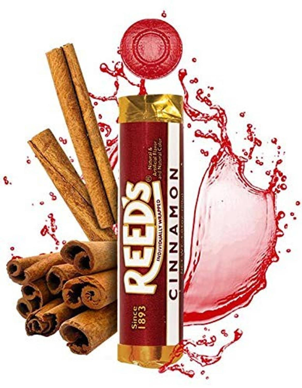 Reed’s Cinnamon hard candy with cinnamon roll and stick graphics
