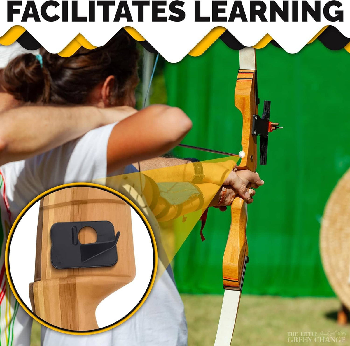 Recurve bow with black arrow rest mounted on the wooden riser, inset close-up
